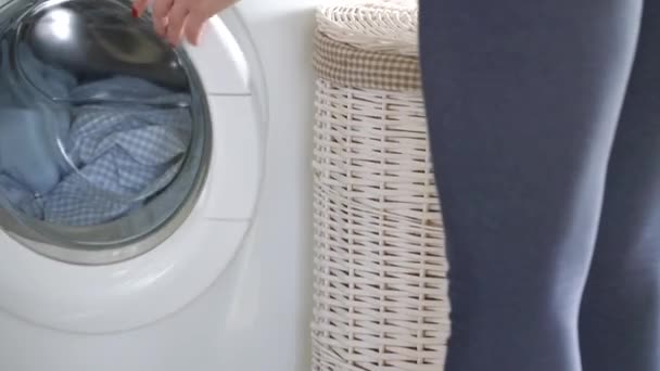 Kadın Çamaşırhane çamaşır makinesi alır. Çerçevede görülebilir kara kedi kulakları. - Video, Çekim