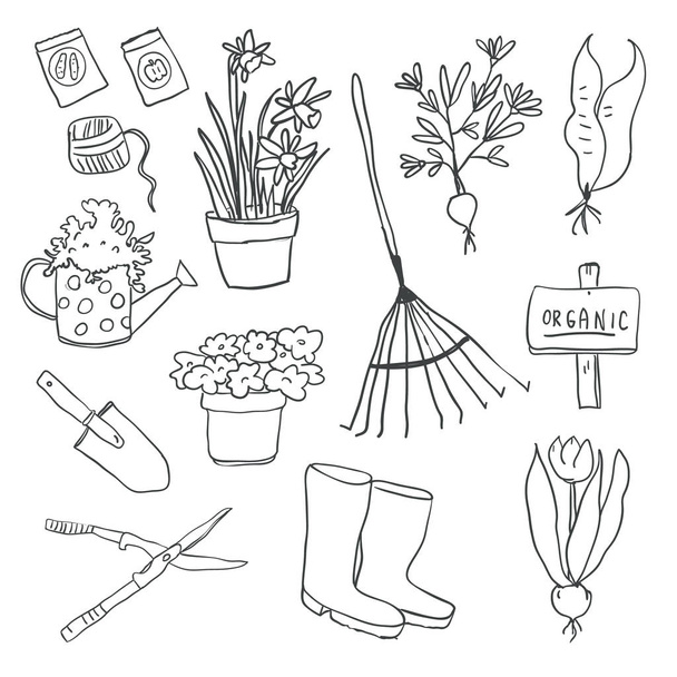 Ilustración vectorial de elementos de jardinería esquema
 - Vector, Imagen