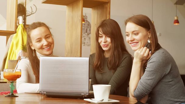 Colegas mujeres discuten proyecto conjunto en la cafetería con un ordenador portátil
. - Foto, imagen