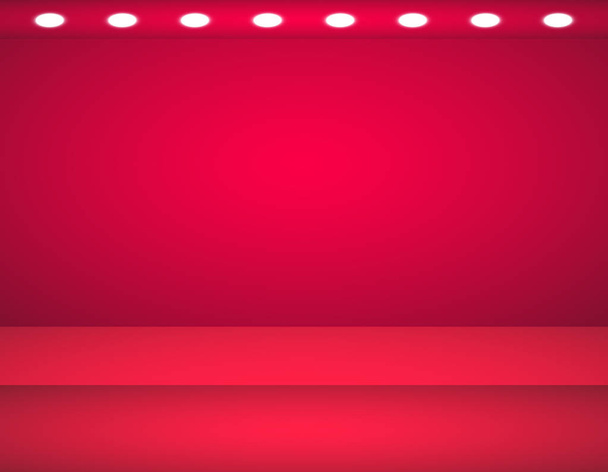 Studio achtergrond. Vector lege rode Studio voor uw ontwerp, Spotlight. Vectorafbeeldingen. Lege heldere kleur Studio tafel, banner voor reclame. Vector illustratie. TV studio - Vector, afbeelding