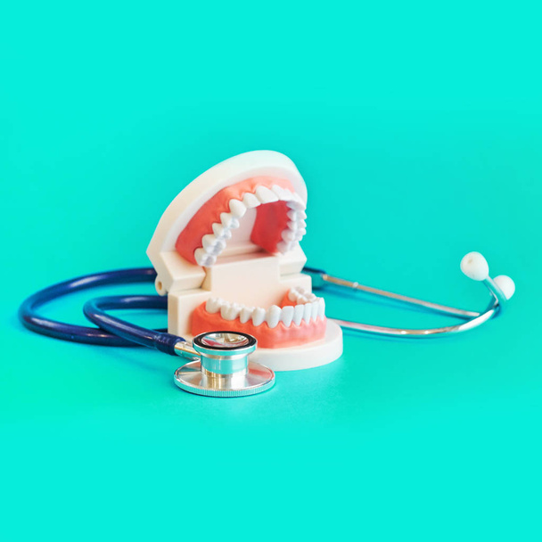 Białe zęby modelu i stakescope na niebieskim tle. Pielęgnacja zębów. koncepcja badań profilaktycznych jamy ustnej. - Zdjęcie, obraz
