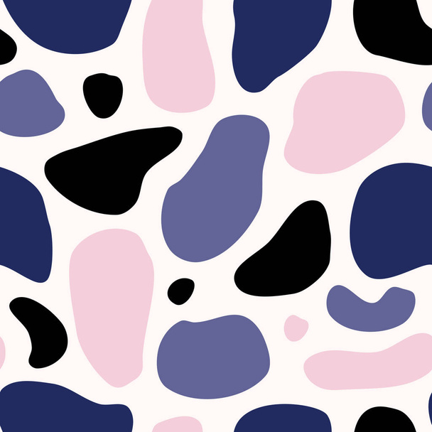 白の背景にピンク、青、ラベンダー、黒の抽象的な形状を持つ継ぎ目のない繰り返しパターン。遊び心と現代現代的なコラージュスタイルのポスター、壁紙、ファブリック、パッケージング、ブランディングデザイン. - ベクター画像