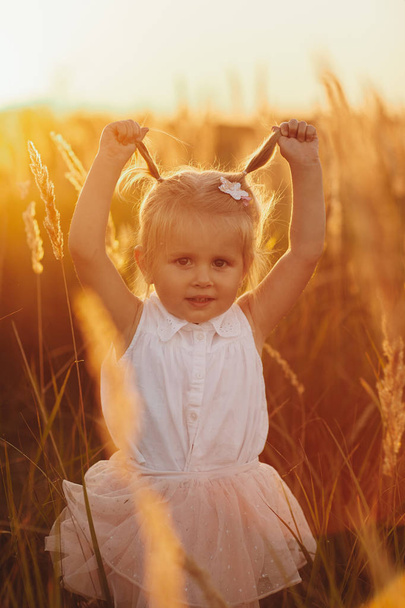 Cute baby girl 3-4 year old close up. Summer time. Childhood. little girl with two tails. little pretty girl in the field - Foto, Bild