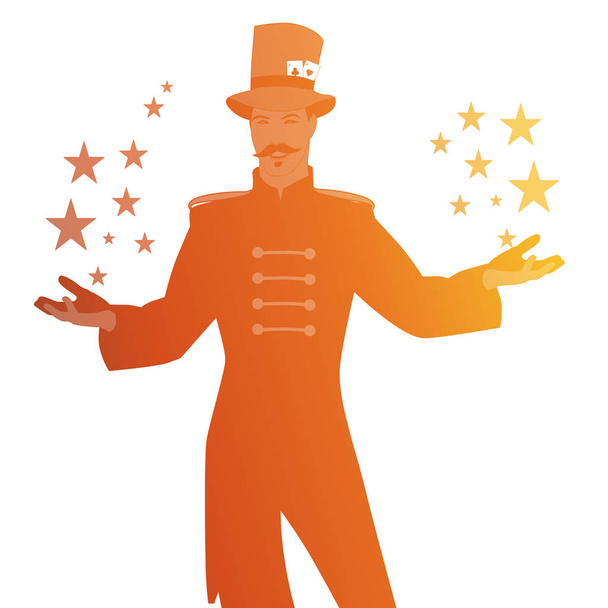 Silhuetas de mestre de cerimônias com bigode, usando chapéu superior adornado com cartas de baralho, mostrando estrelas em suas mãos, isolado em fundo branco
 - Vetor, Imagem