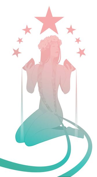 Silhouette de fille nue sous sept étoiles, versant de l'eau de deux bols d'or. Elle porte une couronne de fleurs et de longues tresses sombres ornées de petites fleurs. Isolé sur fond blanc
 - Vecteur, image