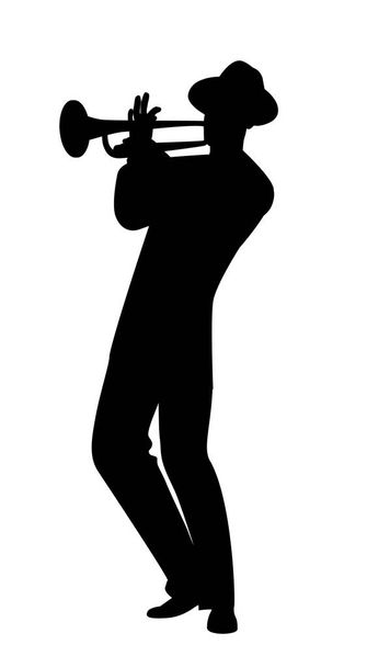 Silueta člověka, který nosí klobouk a hraje na trubku, izolovaná na bílém pozadí - Vektor, obrázek