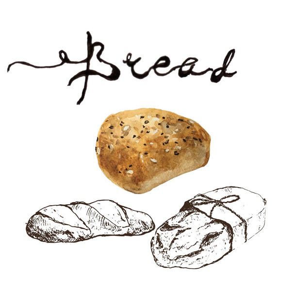 Хлеб, хлебобулочные изделия акварель и рисунок ручкой с надписью. Свежий хлеб, багет, круассан и сладкая булочка, крендель. Природный органический хлеб, дизайн пекарни для меню
 - Фото, изображение