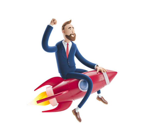 3D illusztráció. Üzletember Billy repül egy rakétát fel. Az Üzletindítás fogalma, új társaság elindítása. - Fotó, kép