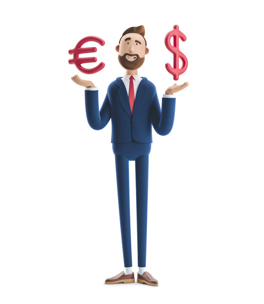 3d illustration. Businessman Billy with big euro and dollar sign. - Photo, Image