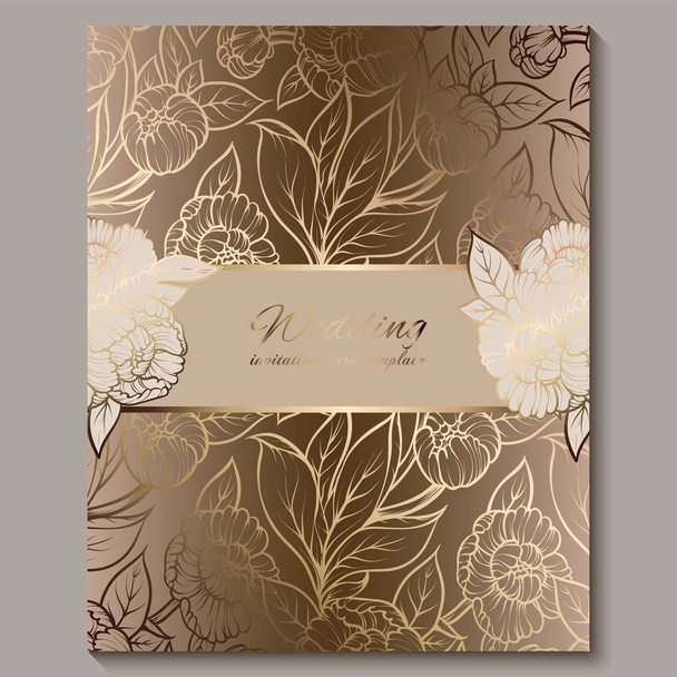 Εξαίσια βασιλική γαμήλια πρόσκληση, χρυσό floral φόντο με πλαίσιο και θέση για το κείμενο, δαντελένια φύλλωμα από τριαντάφυλλα ή παιώνιες με χρυσή γυαλιστερή διαβάθμιση. - Διάνυσμα, εικόνα
