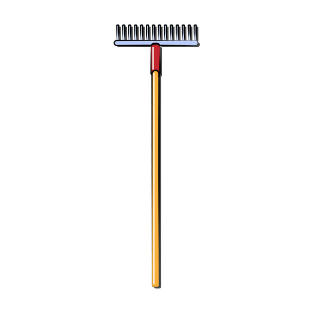 Construction yellow and red icon of an agricultural rake by a wooden handle intended for cleaning leaves. Construction tool. Vector illustration - Vector, Image