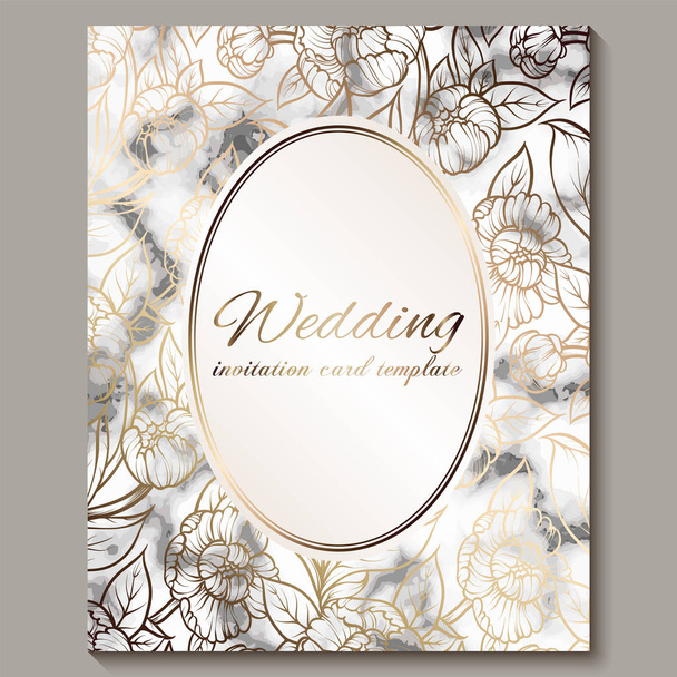 Luxury and elegant wedding invitation cards with marble texture and gold glitter background. Modern wedding invitation decorated with peony flowers - Vetor, Imagem