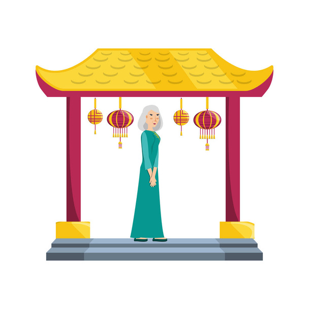 κινεζική πύλη με ηλικιωμένη γυναίκα χαρακτήρα avatar - Διάνυσμα, εικόνα
