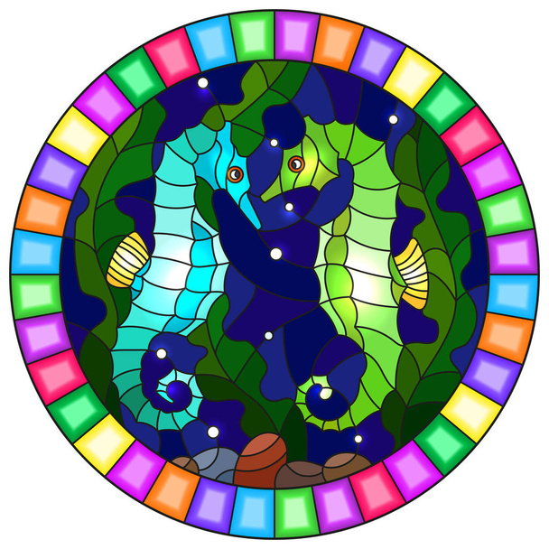 Illustration in stained glass style with a pair of fish seahorse on the background of water and algae,round  picture in a bright frame  - Vector, Image