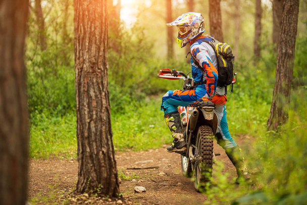 Motocross driver in the forest. motorcycle driver looks, concept, active lifestyle - Fotó, kép