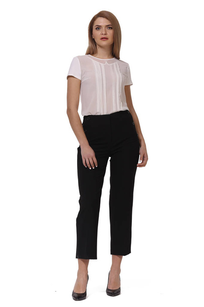 business woman in black official trousers white blouse and stile - Фото, изображение