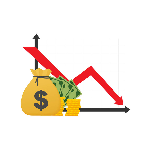 Money loss. Cash with down arrow stocks graph, concept of financial crisis, market fall, bankruptcy. Vector illustration. - Vector, Image