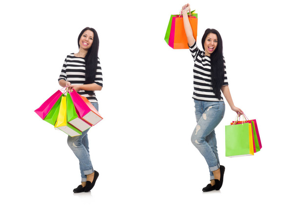 Woman with shopping bags isolated on white - Foto, imagen