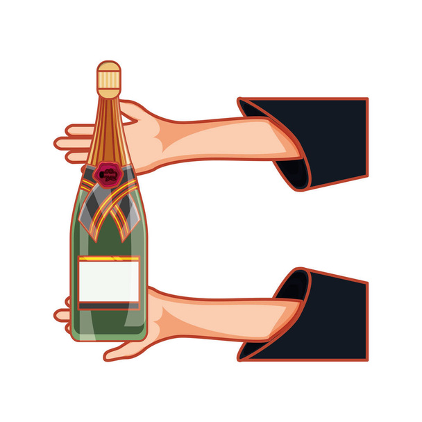 hands with bottle of champagne - Vector, Image