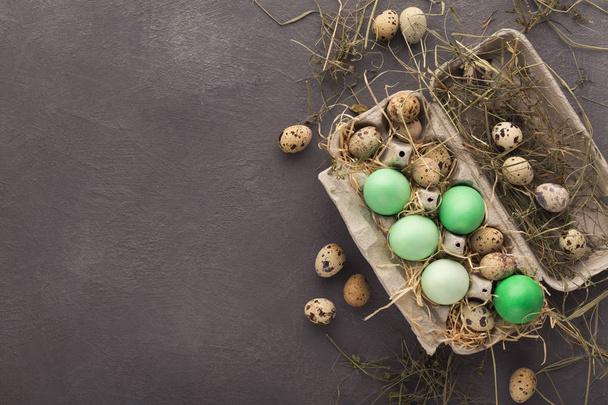 Paskalya arka plan. Gri taş yüzeyi renkli yumurta - Fotoğraf, Görsel