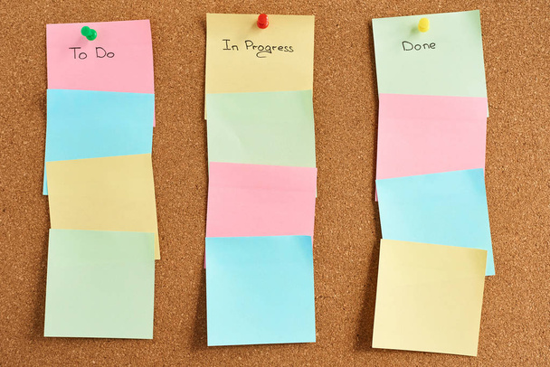 Красочные бумажные заметки со словами "Делать", "В процессе" и "Готово", прикрепленные на пробковую доску
 - Фото, изображение