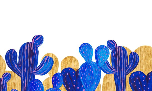 Banner el fantezi tarzında dekoratif kaktüs seti boyalı çiçekli bitkiler, kaktüs mavi renk seti - Fotoğraf, Görsel
