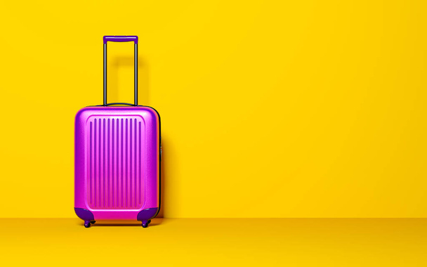 Suitcase on pastel background. Travel baggage concept. Minimal style. Copy space. Holiday, rest, recreation, relaxation. 3D rendering illustration - Photo, image