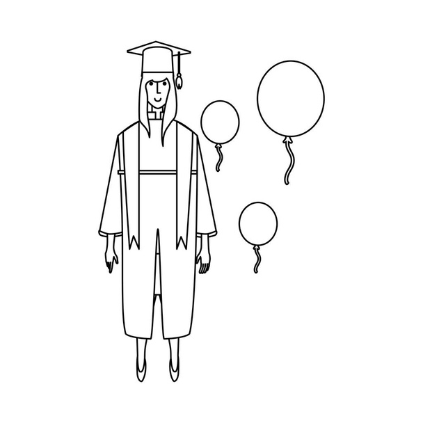 joven mujer graduada con globos de aire
 - Vector, Imagen