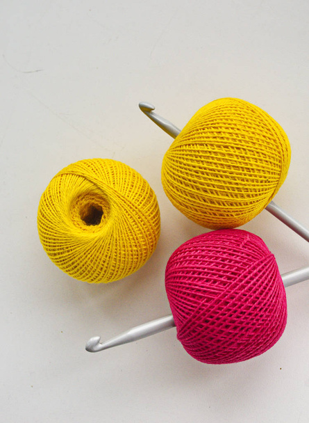 yarn, thread and hooks - accessories and material for crochet, home needlework - Fotoğraf, Görsel