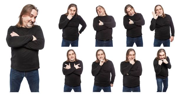 Un conjunto de fotos de un hombre de mediana edad en varias poses y emociones. Un collage de imágenes aisladas sobre fondo blanco
. - Foto, imagen