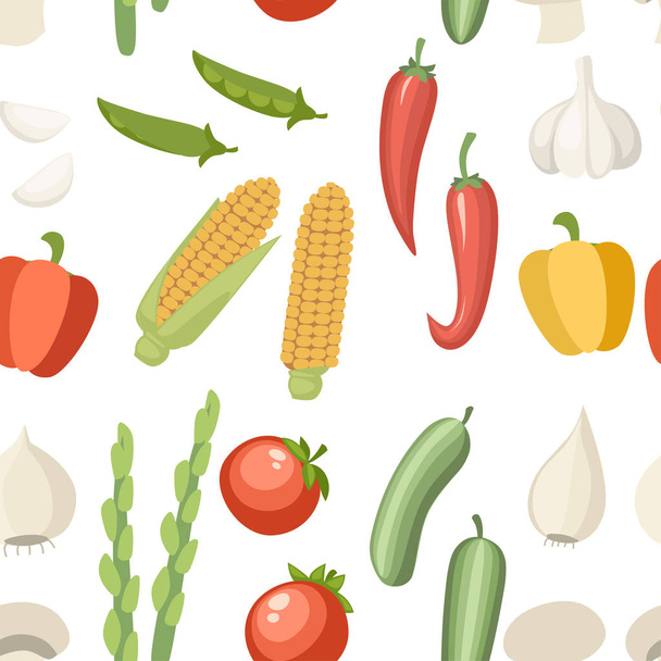 Bezproblémový vzor. Ikona sbírky zeleniny. Sada paprik, česneku, kukuřice, zeleného hrachu atd. Design ikon pro zemědělství a jídlo. Plochá vektorová ilustrace na bílém pozadí - Vektor, obrázek