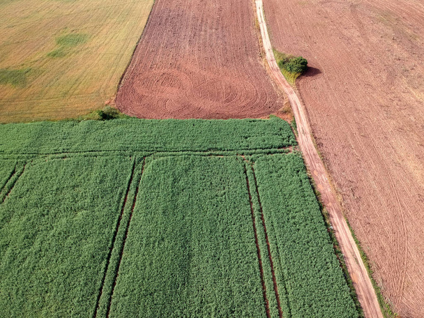 Summer end green crop and plowed brown fields in farmland, aerial - Photo, Image