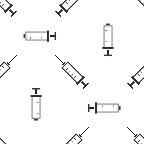 グレー注射器アイコン分離のシームレスなパターン白い背景の上。ワクチン、予防接種、インフルエンザの予防接種注射用の注射器。医療機器。ベクトル図 - ベクター画像