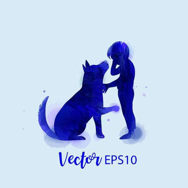 Pet care. Crying boy  with dog  silhouette on watercolor backgro - Vector, Image