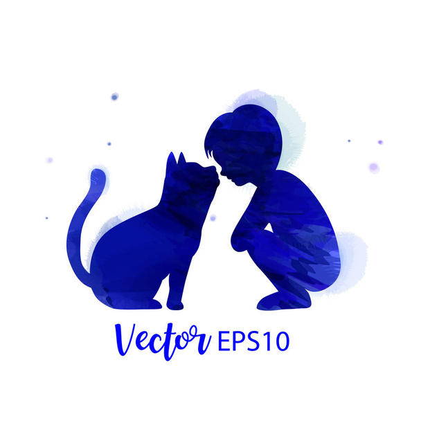 Evcil hayvan bakımı. Bir oğlan oyun ile kedi Silhouette üzerinde suluboya arka - Vektör, Görsel
