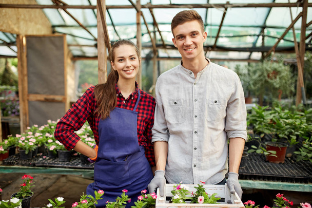 Happy guy and girl gardeners sand next to the pots with flower seedlings in greenhouse on a sunny day. - Foto, Imagem