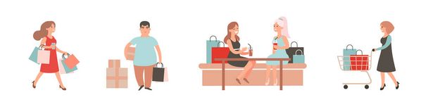 Шопоголіки. Набір векторних ілюстрацій для покупок. Чоловік і жінка з сумками, візок. Мультфільм векторний персонаж придбання в торговому центрі
 - Вектор, зображення