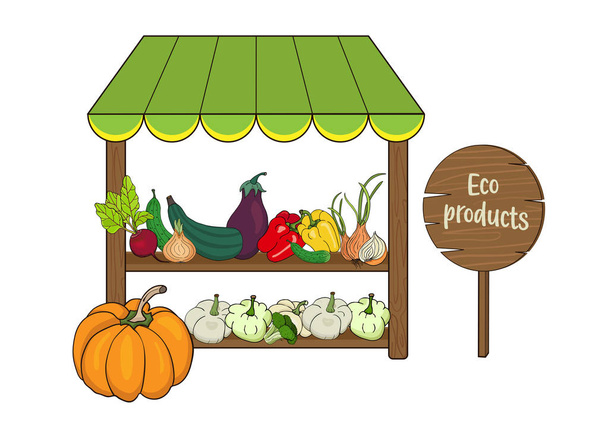 Counter met groenten, pompoen, courgette, peper, bieten, UI voor de verkoop op de beurs. Vector illustratie - Vector, afbeelding