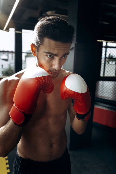 Sportsman with a naked torso keeps his hands in the red boxing gloves next to his face in the boxing gym - Foto, imagen
