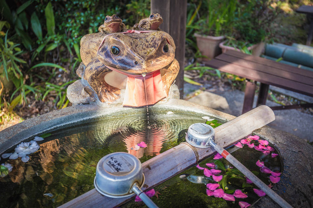 Une fontaine de purification appelée le chozuya, c'est là que vous vous purifiez en nettoyant votre corps et votre esprit avant de visiter le sanctuaire
. - Photo, image