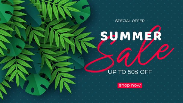 Summer sale banner with tropical palm leaves. - Vector, imagen