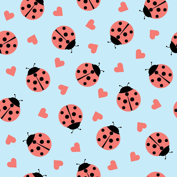 Schattig lieveheersbeestje en harten naadloze patroon achtergrond vectorillustratie - Vector, afbeelding