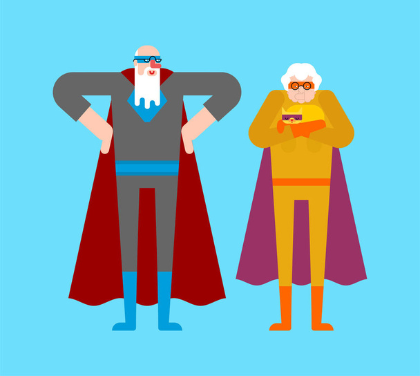 Superhero grandparents and dog. Super grandparent in Cloak and m - Vector, Image