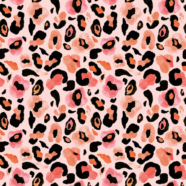Leopardo o ghepardo pelle modello senza soluzione di continuità con macchie rosa, nere, beige e arancioni di vernice ad acquerello. Dipinti a mano ripetere sfondo. Stampa animale esotica. Per tessile, abbigliamento di design, sfondi
. - Foto, immagini