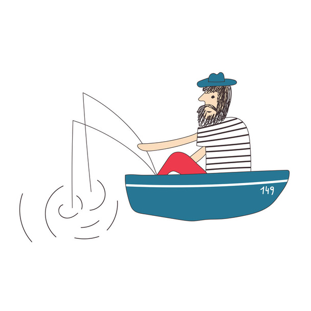 Szakállas férfi Halász ül a hajón és a halászat horgászbot. Vektoros illusztráció - Vektor, kép