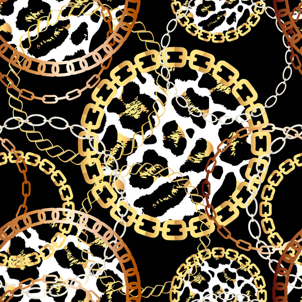 Fashion Seamless Pattern with Golden Chains and leopard print. Fabric Design Background with Chain, Metallic accessories. Luxurious linear print with fashion accessories. - Vector, Image