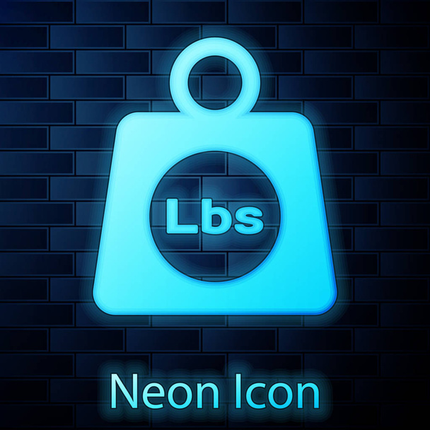 Glowing neon Weight pounds icon isolated on brick wall background. Pounds weight block for weight lifting and scale. Mass symbol. Vector Illustration - Vector, Image