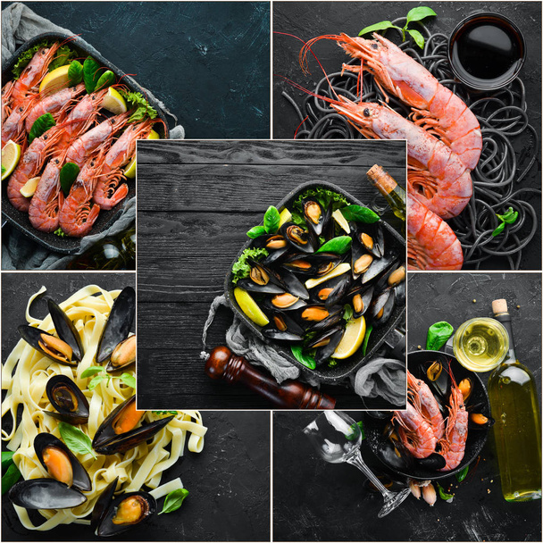 Egy fénykép collage tengeri ételeket. Szemközti nézet-fekete háttér. - Fotó, kép