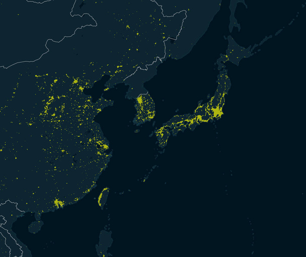 Világtérkép, kiemelkedő városi területekkel rendelkező planiszféra. Éjszakai kilátás a földre, Ázsia. A városok műholdnézete éjjel világít. Kelet-Ázsia, Japán, Korea, Kína, Tajvan - Vektor, kép