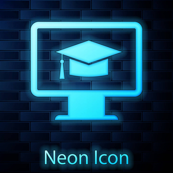 Hehkuva neon Tietokone näyttö valmistumisen korkki kuvake eristetty tiiliseinä tausta. verkko-oppimisen tai verkko-oppimisen käsite. Internetin tietosymboli. Vektorikuvaus
 - Vektori, kuva